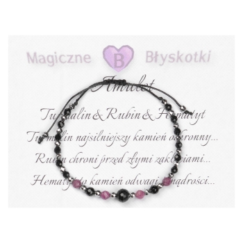 Bransoletka celebrytka czarny TURMALIN RUBIN HEMATYT ochrona i optymizm